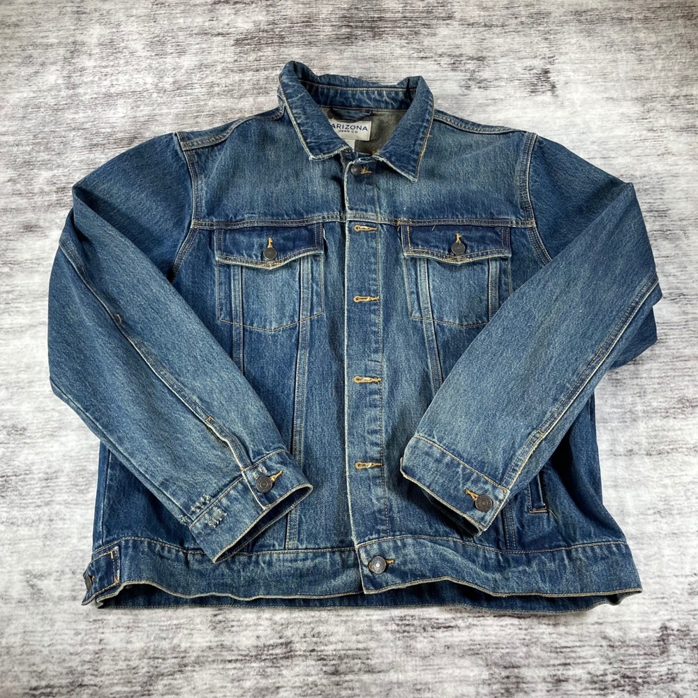 Arizona Jean Co Mens XL Blue Denim Trucker Jacket Medium Wash 100% Cotton